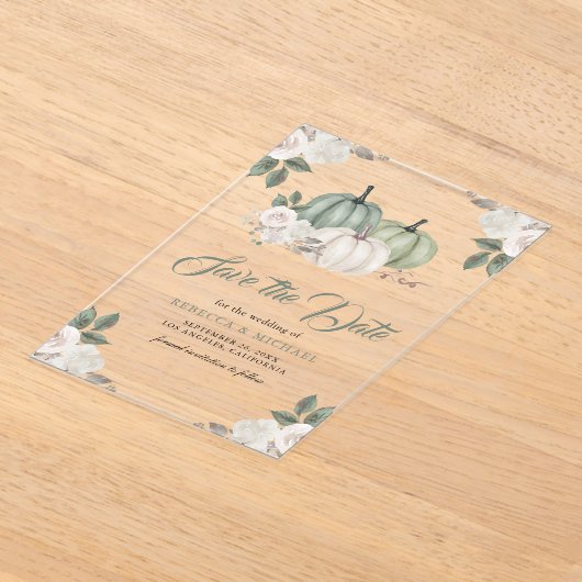Sage Green Pumpkin Floral Wedding Sla de datum op Acryl Uitnodigingen (Laagn)