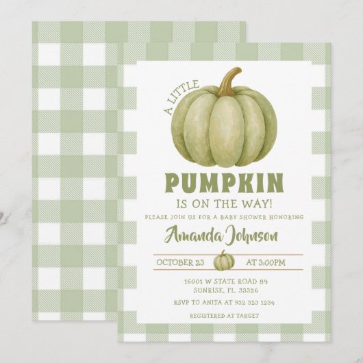 Sage Green Pumpkin is onderweg naar het Baby showe Kaart (Voorkant / Achterkant)