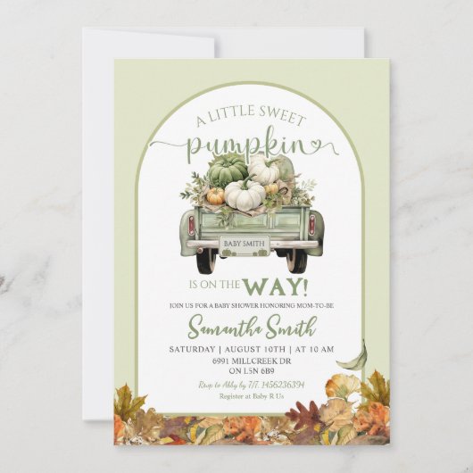 Sage Green Pumpkin Leaves Truck Baby shower Kaart (Voorkant)