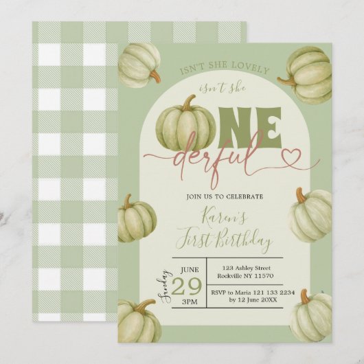Sage Green Pumpkin Onederful 1e verjaardag Kaart (Voorkant / Achterkant)