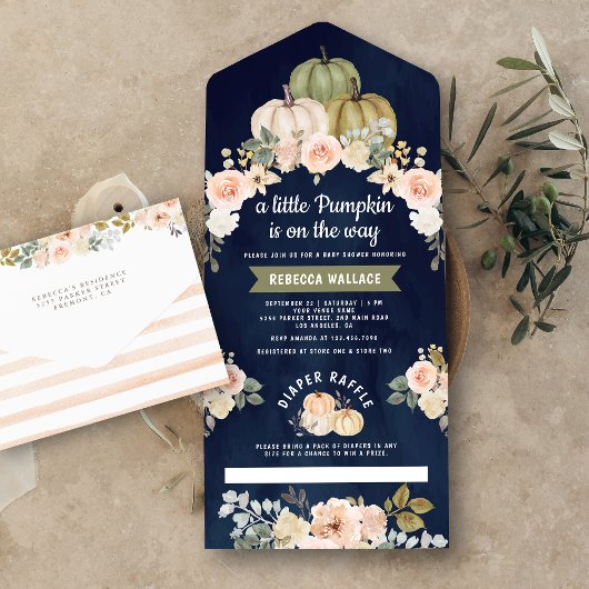 Sage Green Pumpkin Peach Floral Navy Baby shower All In One Uitnodiging