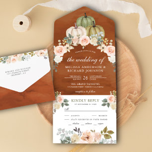 Sage Green Pumpkin Peach Floral Terracotta Wedding All In One Uitnodiging