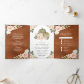 Sage Green Pumpkin Peach Floral Terracotta Wedding Drieluik Uitnodiging (Binnen)