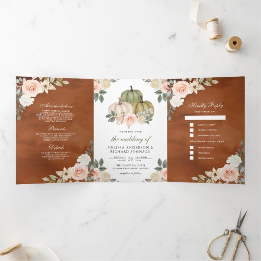 Sage Green Pumpkin Peach Floral Terracotta Wedding Drieluik Uitnodiging (Binnen)