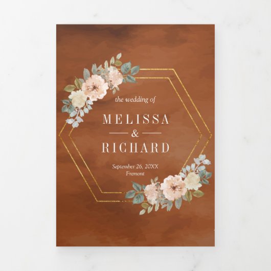 Sage Green Pumpkin Peach Floral Terracotta Wedding Drieluik Uitnodiging (Cover)