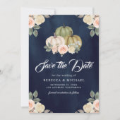 Sage Green Pumpkin Perzik Bloemen Navy Wedding Save The Date (Voorkant)