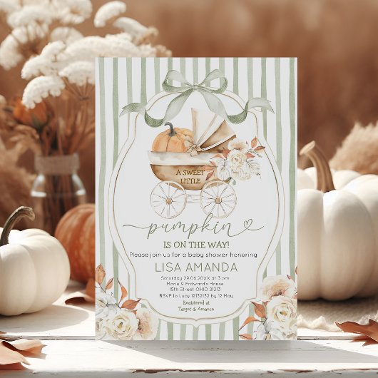 Sage Green Pumpkin Stroller Floral Baby shower Kaart