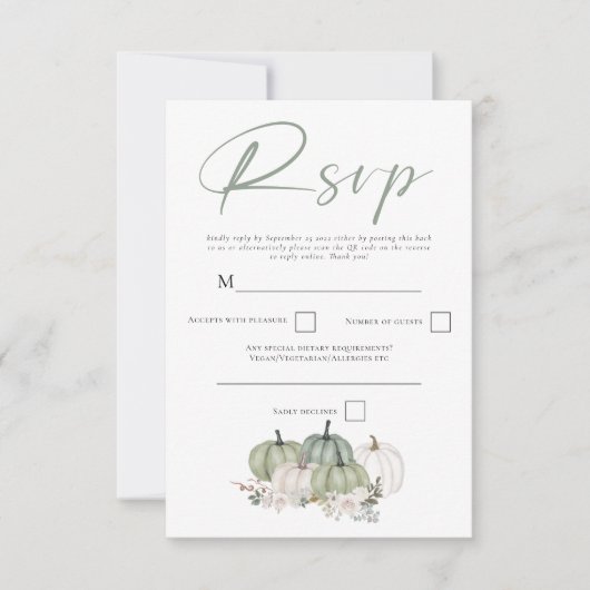 Sage Green Pumpkins Herfst Florals Script QR Code RSVP Kaartje (Voorkant)
