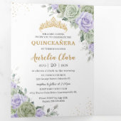 Sage Green Purple Roses Floral Quinceañera Photos Drieluik Uitnodiging (Binnenzijde eerst)