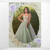 Sage Green Purple Roses Floral Quinceañera Photos Drieluik Uitnodiging (Binnenkant midden)
