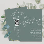 Sage Green QR Code All in One Modern Wedding Kaart
