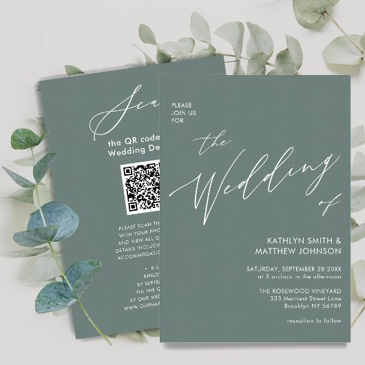 Sage Green QR Code All in One Modern Wedding Kaart