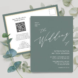 Sage Green QR Code All in One Modern Wedding Uitnodiging Briefkaart