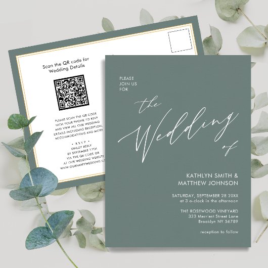 Sage Green QR Code All in One Modern Wedding Uitnodiging Briefkaart