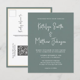 Sage Green QR Code All in One Modern Wedding Uitnodiging Briefkaart