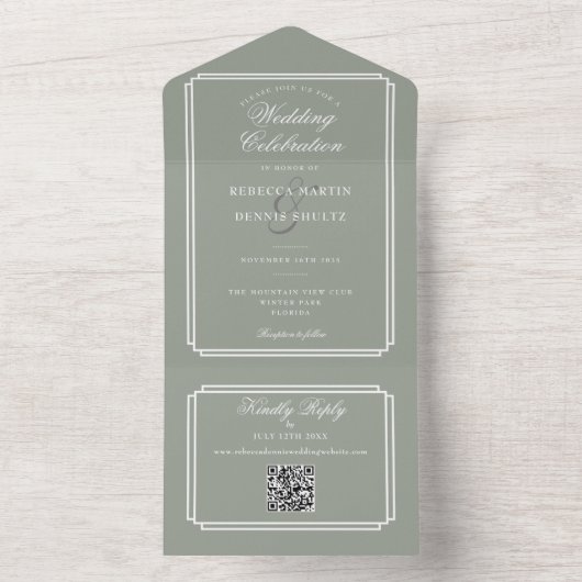 Sage Green QR Code Art Deco Monogram Huwelijk All In One Uitnodiging (Binnen)