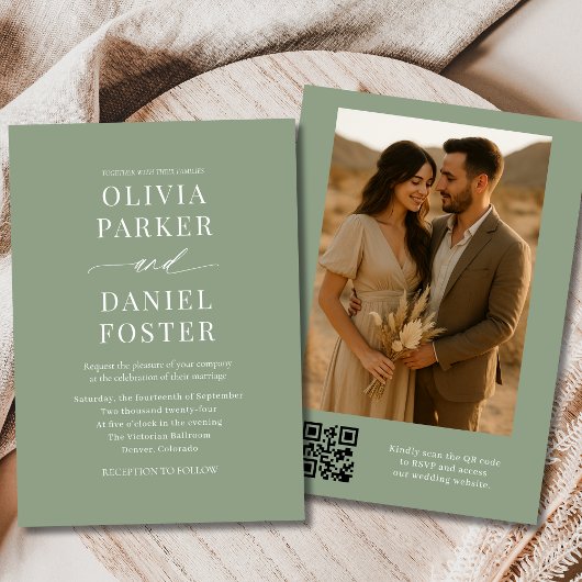 Sage Green QR Code Elegante Fotobruiloft Kaart