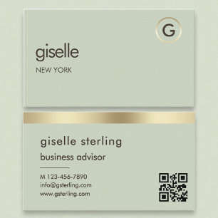 Sage Green QR Code Faux Gold Folie Monogram Visitekaartje