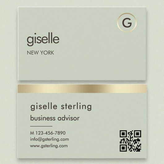 Sage Green QR Code Faux Gold Folie Monogram Visitekaartje
