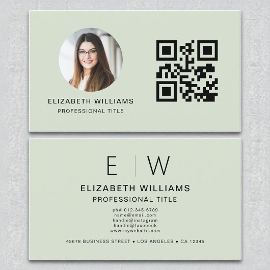 Sage Green QR Code Foto Monogram Minimalistisch Visitekaartje