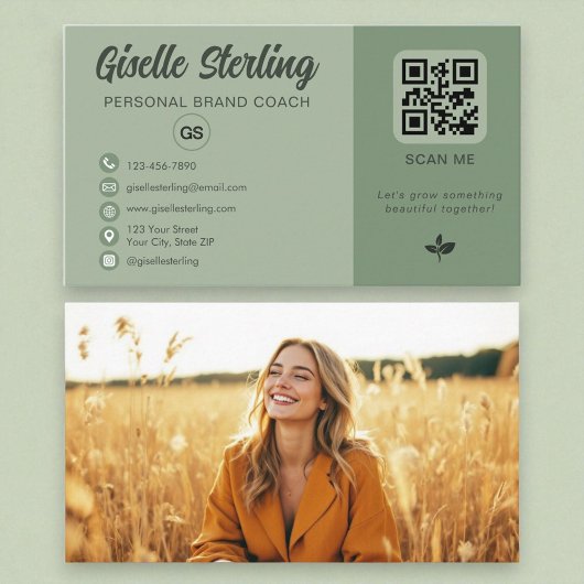 Sage Green QR Code Foto Monogram Sociale Media Visitekaartje