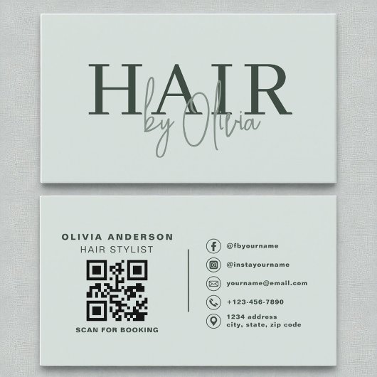 Sage Green QR Code Hair Stylist Modern Visitekaartje