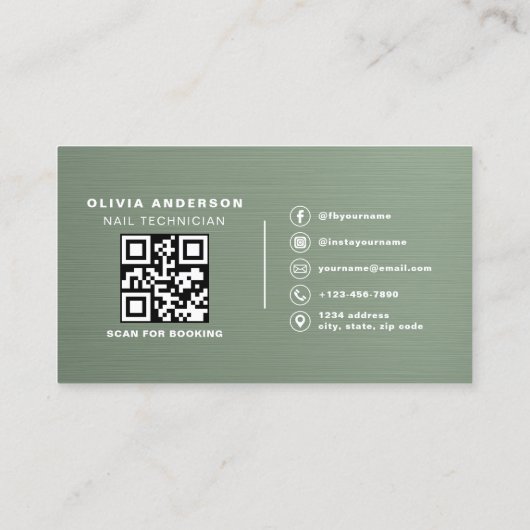 Sage Green QR Code Nail Specialist Metallic  Visitekaartje (Achterkant)