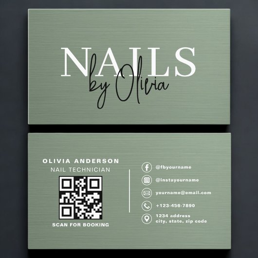 Sage Green QR Code Nail Specialist Metallic  Visitekaartje