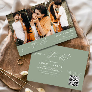 Sage Green QR Code Sla de datum op 3 Foto Elegant Save The Date