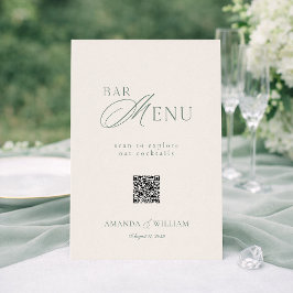 Sage Green QR Code Wedding Bar Menu Sign Kaart