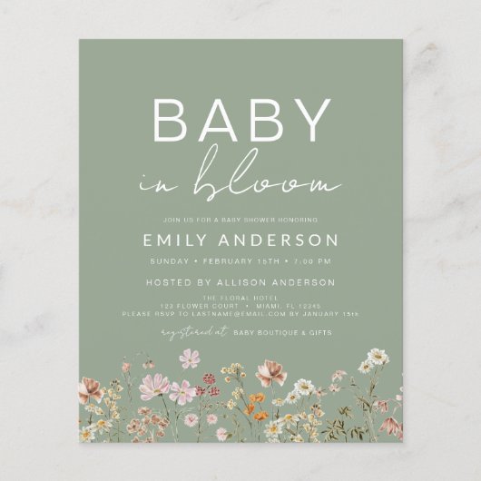 Sage Green QR Code Wildflower Baby in Bloom Shower Flyer (Voorkant)