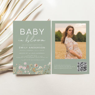 Sage Green QR Code Wildflower Baby in Bloom Shower Kaart