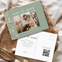Sage Green QR Code Wildflower Bloemen Huwelijk Aankondigingskaart