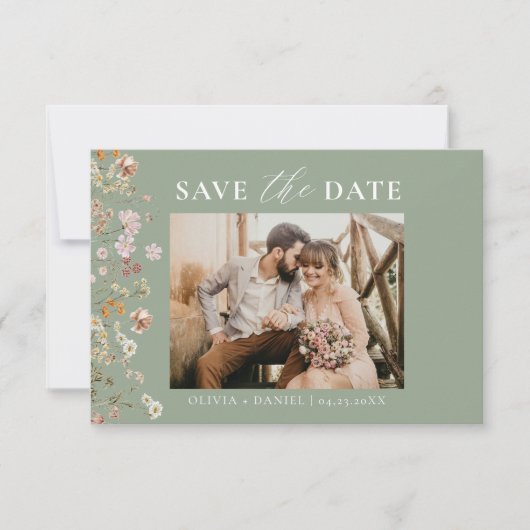 Sage Green QR Code Wildflower Wedding Save The Date (Voorkant)