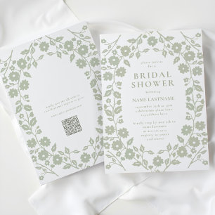 Sage Green QR Code Witte Folk Bloemen Vrijgezellen Kaart