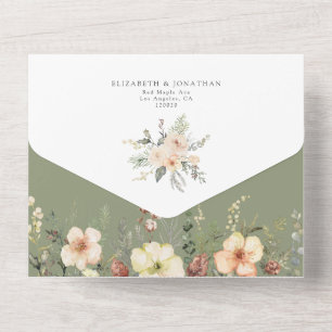 Sage Green QR RSVP Bloemen Gouden Folie Winter Wed All In One Uitnodiging