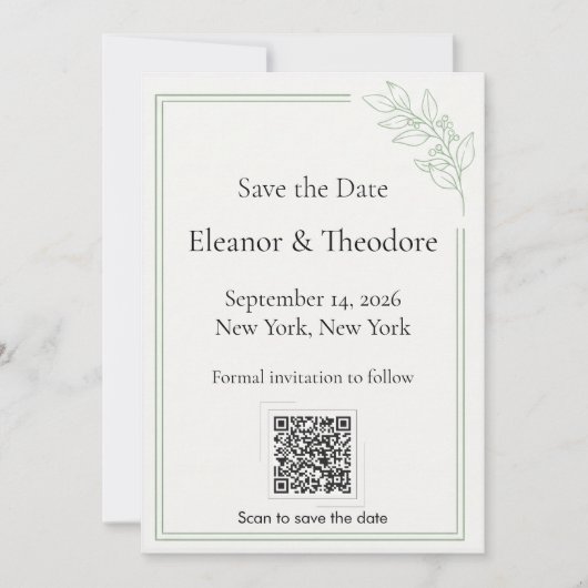 Sage Green Quiet Luxe QR Code Bewaar de Datum Save The Date (Voorkant)