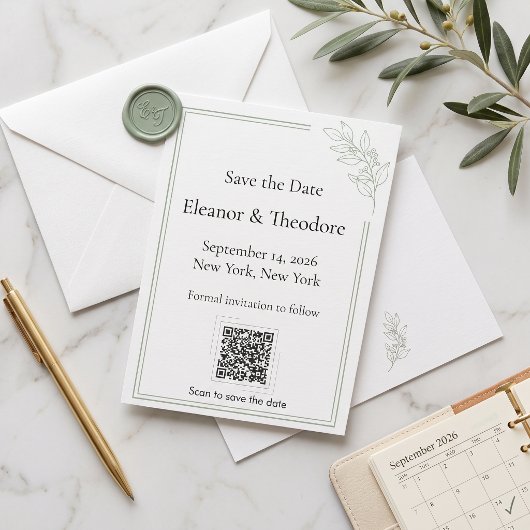 Sage Green Quiet Luxe QR Code Bewaar de Datum Save The Date