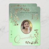Sage Green Quince Gold Glitter Photo Quinceanera Kaart (Voorkant / Achterkant)