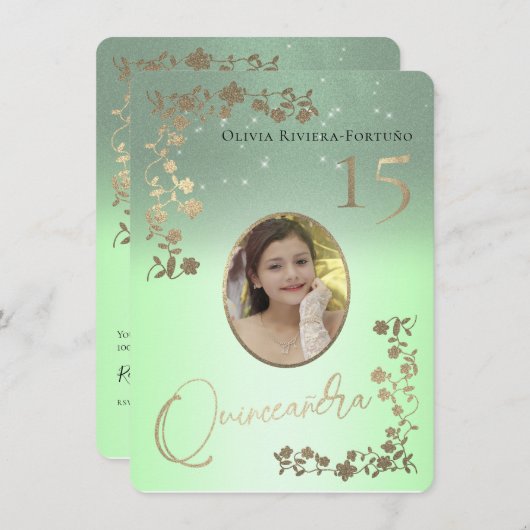 Sage Green Quince Gold Glitter Photo Quinceanera Kaart (Voorkant / Achterkant)