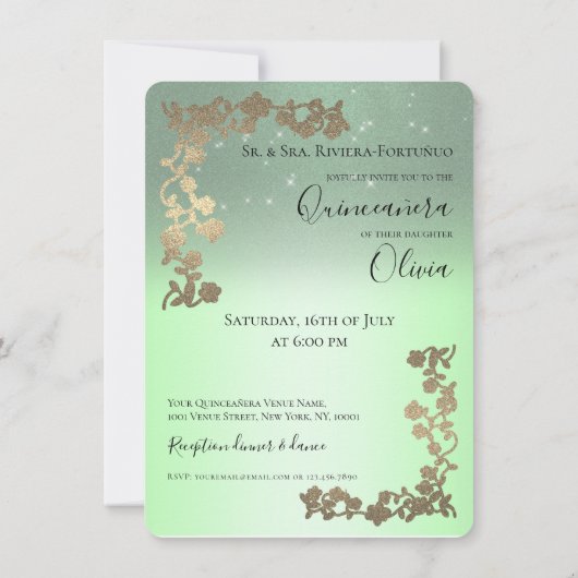 Sage Green Quince Gold Glitter Photo Quinceanera Kaart (Achterkant)