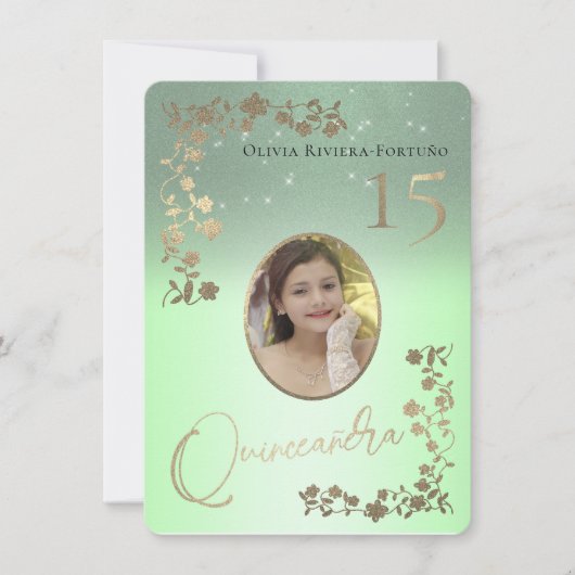 Sage Green Quince Gold Glitter Photo Quinceanera Kaart (Voorkant)