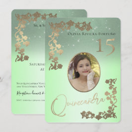 Sage Green Quince Gold Glitter Photo Quinceanera Kaart