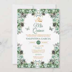 Sage Green Quinceañera 15 Anos Bloemen Gouden Kroo Kaart