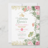 Sage Green Quinceañera 15 Anos Roze Bloemen Kroon Kaart (Voorkant)