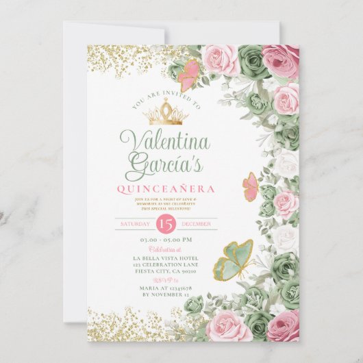 Sage Green Quinceañera 15 Anos Roze Bloemen Kroon Kaart (Voorkant)