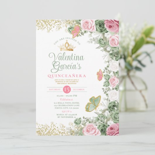 Sage Green Quinceañera 15 Anos Roze Bloemen Kroon Kaart (Staand voorkant)