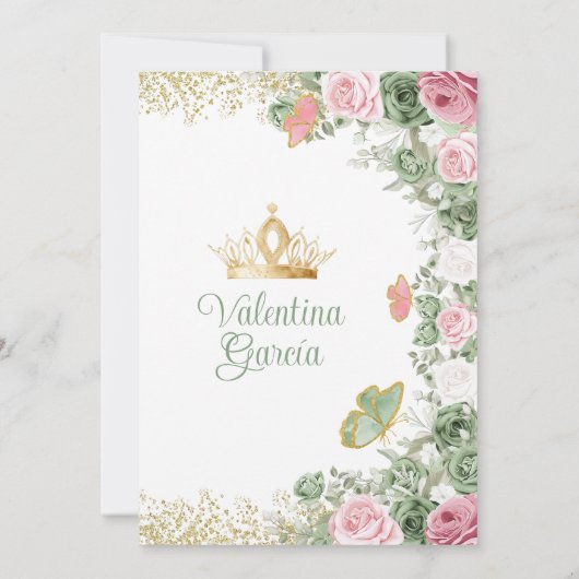 Sage Green Quinceañera 15 Anos Roze Bloemen Kroon Kaart (Achterkant)