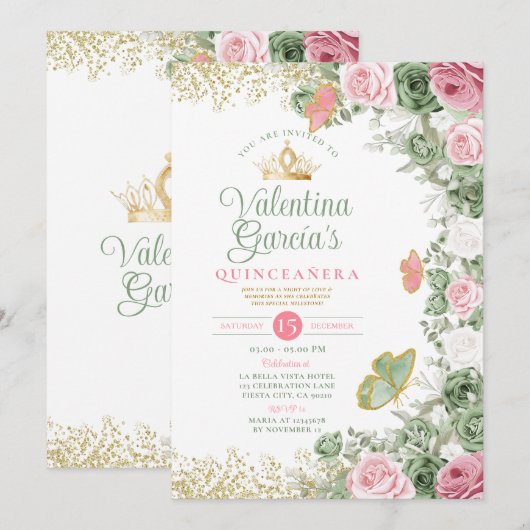 Sage Green Quinceañera 15 Anos Roze Bloemen Kroon Kaart (Voorkant / Achterkant)