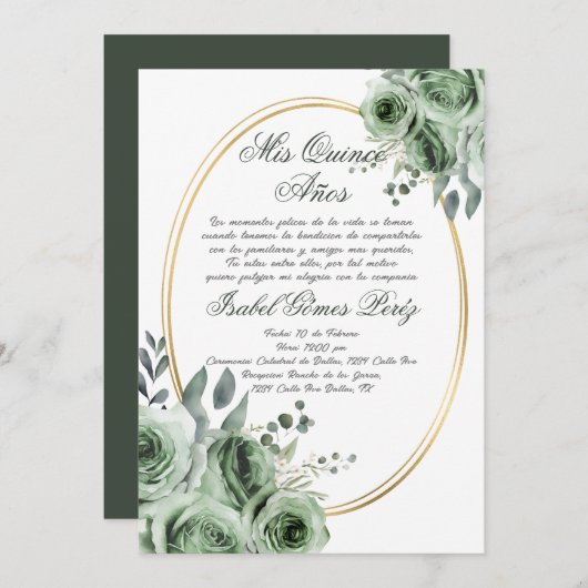 Sage green Quinceanera uitnodiging in het Spaans (Voorkant / Achterkant)